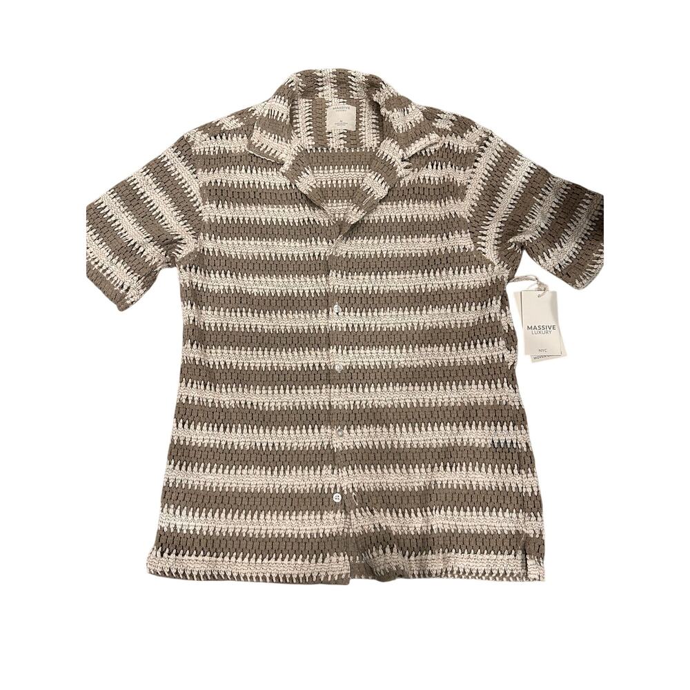 Massive Luxury Crochet Resort Shirt Brown Cream Knit Button Up M NWT